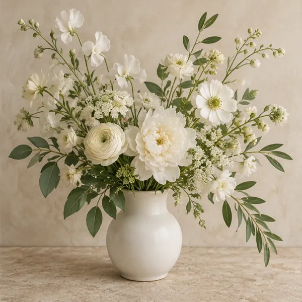 Airy ivory flowers and green foliage in a white ceramic vase